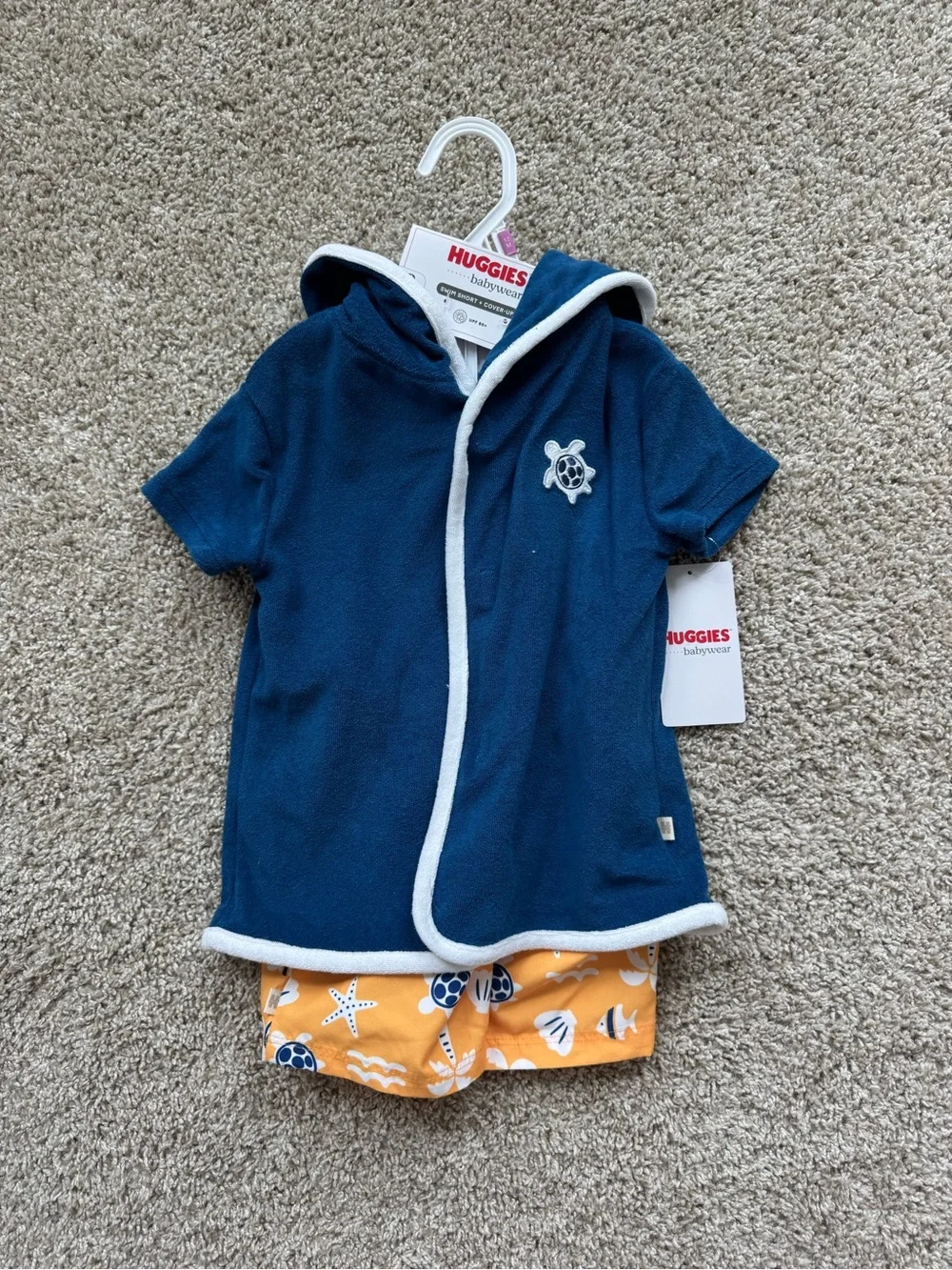 Huggies Babywear Navy Hooded Cover-Up with Orange Sea-Print Shorts